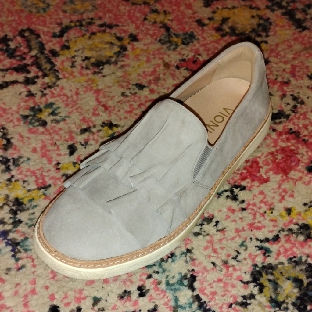 Vionic Light Gray Suede Fringe Slip-On Loafers - Picture 2 of 6